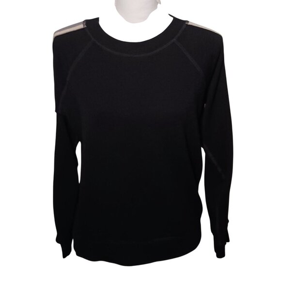 Monrow Raglan Crewneck Sweater Size XS Black w/ Embroidered Stripes Down Arms - Picture 3 of 12